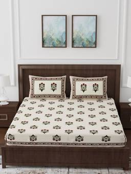 House of Gulab - Off-White Ethnic Motifs Double King Bedsheet with 2 Pillow Covers
