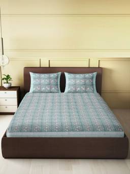 House of Gulab - Teal Hand Block King Bedsheet with 2 Pillow Cover