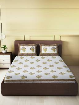 House of Gulab - White Hand Block King Bedsheet with 2 Pillow Cover