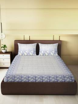 House of Gulab - Blue Hand Block King Bedsheet with 2 Pillow Cover
