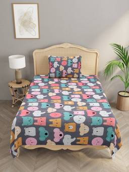 House of Gulab - Grey Polycotton Kids Print Single Bedsheet With 1 Pillow Cover