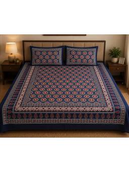 House of Gulab - Blue King Size Ethnic Motifs Double Bedsheet With 2 Pillow Covers