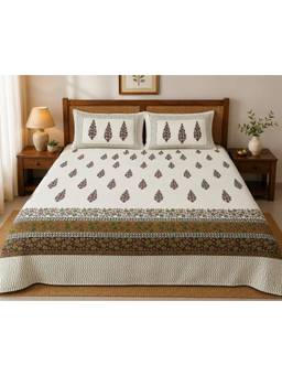 House of Gulab - White Hand Printed Super King Double Bedsheet with 2 Pillow Covers