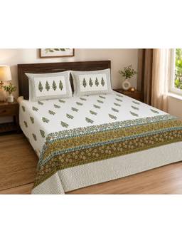 House of Gulab - White Hand Printed Super King Double Bedsheet with 2 Pillow Covers