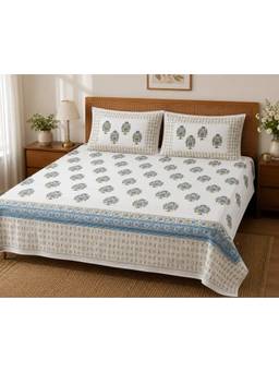 House of Gulab - White Hand Printed Super King Double Bedsheet with 2 Pillow Covers