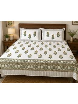 House of Gulab - White Hand Printed Super King Double Bedsheet with 2 Pillow Covers
