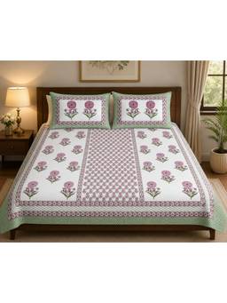 House of Gulab - Purple Handblock Print Super King Bedsheet Cotton With 2 Pillow Covers