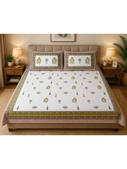 House of Gulab - White Handblock Print Super King Bedsheet With 2 Pillow Covers