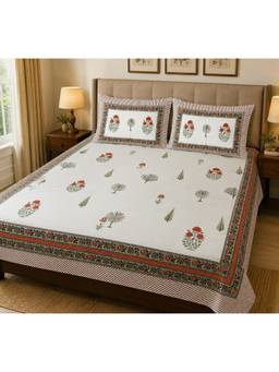 House of Gulab - White Handblock Print Super King Bedsheet With 2 Pillow Covers