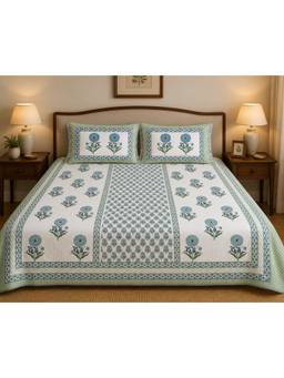 House of Gulab - Blue Handblock Print Super King Bedsheet Percale Cotton With 2 Pillow Covers