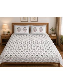 House of Gulab - White Handblock Print Super King Bedsheet Percale Cotton With 2 Pillow Covers