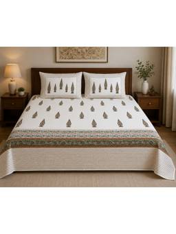 House of Gulab - White Hand Printed Bedsheet Super King Size Super King Double Bedding Set