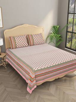 House of Gulab - White Ethnic Motifs Double King Bedsheet with 2 Pillow Covers