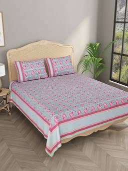 House of Gulab - Blue Ethnic Motifs Double King Bedsheet with 2 Pillow Covers