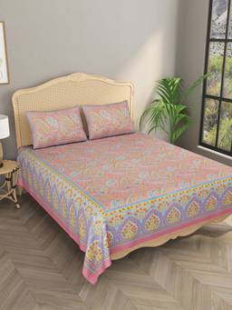 House of Gulab - Pink Ethnic Motifs Double King Bedsheet with 2 Pillow Covers