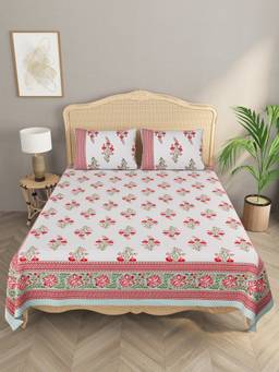 House of Gulab - White Ethnic Motifs Double King Bedsheet with 2 Pillow Covers