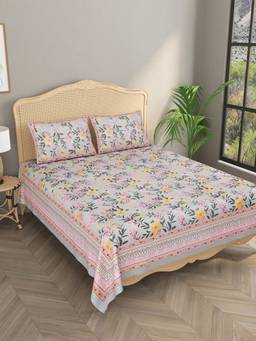 House of Gulab - Grey Ethnic Motifs Double King Bedsheet with 2 Pillow Covers