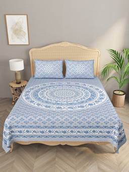 House of Gulab - Blue Double King Bedsheet with 2 Pillow Covers