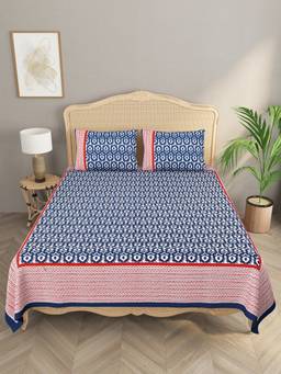 House of Gulab - Navy Blue Ikat Print Double King Bedsheet with 2 Pillow Covers