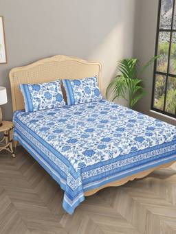 House of Gulab - Blue Double King Bedsheet with 2 Pillow Covers