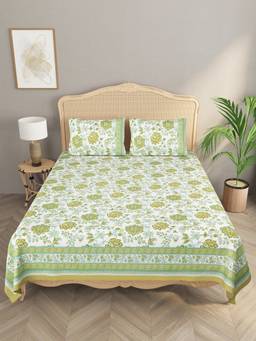 House of Gulab - Green Double King Bedsheet with 2 Pillow Covers