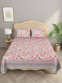 House of Gulab - Pink Ethnic Motifs Double King Bedsheet with 2 Pillow Covers