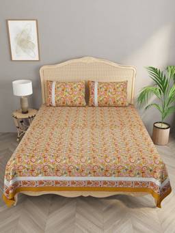 House of Gulab - Yellow Ethnic Motifs Double King Bedsheet with 2 Pillow Covers