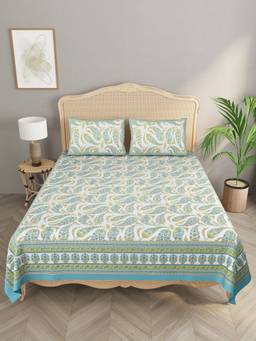 House of Gulab - Blue Ethnic Motifs Double King Bedsheet with 2 Pillow Covers