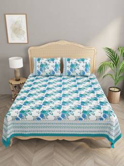 House of Gulab - Blue Double King Bedsheet with 2 Pillow Covers