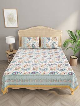House of Gulab - Multi-Color Floral Print Cotton Super King Bedsheet With 2 Reversible Pillow Covers