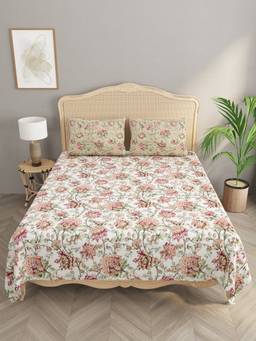 House of Gulab - Multi Color Floral Print Cotton Super King Bedsheet with 2 Reversible Pillow Covers