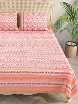 House of Gulab - Pink Ikat Print Super King Cotton Bedsheet With 2 Pillow Covers