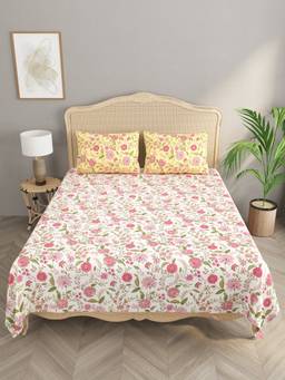 House of Gulab - Pink Floral Print Cotton Super King Bedsheet With 2 Reversible Pillow Covers
