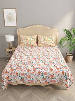 House of Gulab - Multicolor Floral Print Cotton Super King Bedsheet With 2 Reversible Pillow Covers