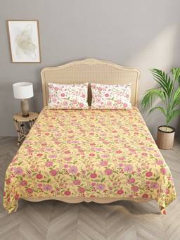 House of Gulab - Yellow Floral Print Cotton Super King Bedsheet With 2 Reversible Pillow Covers