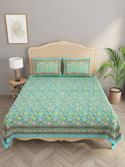 House of Gulab - Turquoise Cotton Double King Bedsheet with 2 Pillow Covers