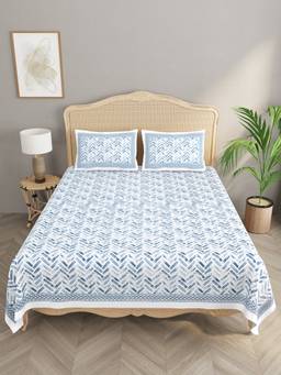 House of Gulab - Blue Cotton Double King Bedsheet with 2 Pillow Covers