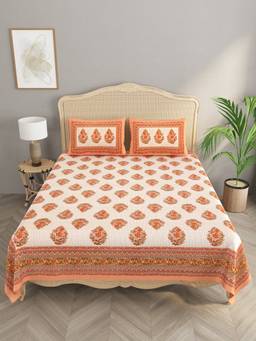 House of Gulab - Orange Cotton Double King Bedsheet with 2 Pillow Covers
