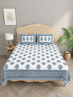 House of Gulab - Blue Cotton Double King Bedsheet with 2 Pillow Covers