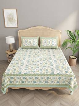 House of Gulab - Green Cotton Double King Bedsheet with 2 Pillow Covers