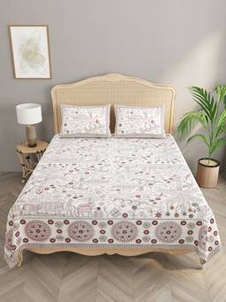 House of Gulab - White Cotton Double King Bedsheet with 2 Pillow Covers