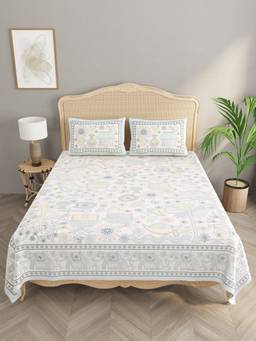 House of Gulab - White Cotton Double King Bedsheet with 2 Pillow Covers