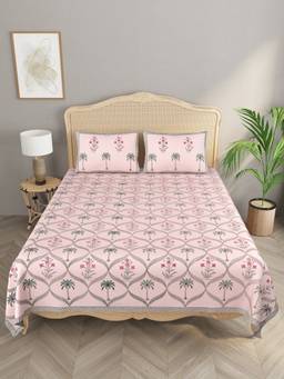 House of Gulab - Pink Handblock printed Double King Bedsheet with 2 Pillow Covers