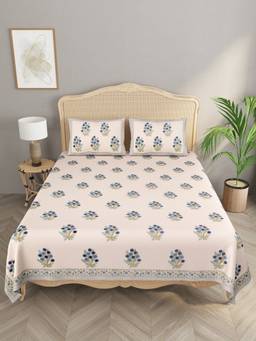 House of Gulab - Beige Handblock printed Double King Bedsheet with 2 Pillow Covers