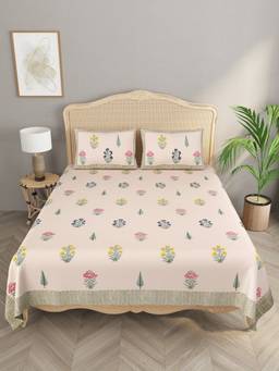 House of Gulab - Pink Handblock printed Double King Bedsheet with 2 Pillow Covers
