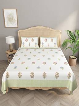 House of Gulab - White Double King Handblock Print Bedsheet with 2 Pillow Covers