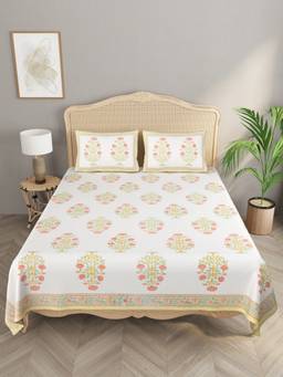 House of Gulab - White Double King Handblock Print Bedsheet with 2 Pillow Covers