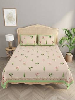 House of Gulab - Pink Double King Handblock Print Bedsheet with 2 Pillow Covers