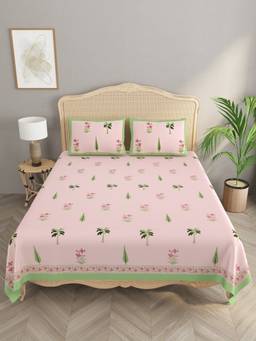 House of Gulab - Pink Double King Handblock Print Bedsheet with 2 Pillow Covers