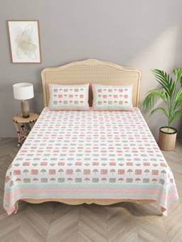 House of Gulab - Multi Color Double King Handblock Print Bedsheet with 2 Pillow Covers